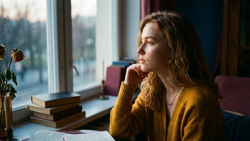 窓辺で物思いにふける女性。机には本と枯れたバラ。