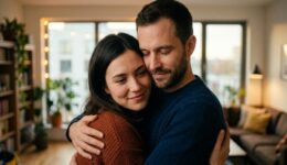 温かい室内で、穏やかな表情で抱き合う男女のカップル。