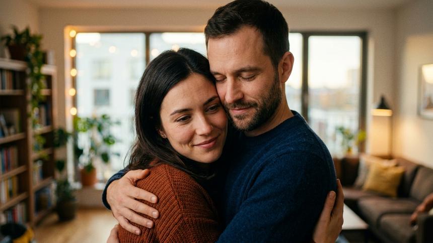 温かい室内で、穏やかな表情で抱き合う男女のカップル。