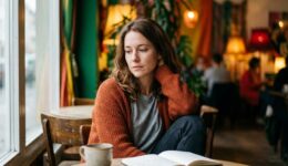 窓際のカフェで、寂しげな表情で遠くを見つめる女性。本とコーヒーが置かれたテーブル。