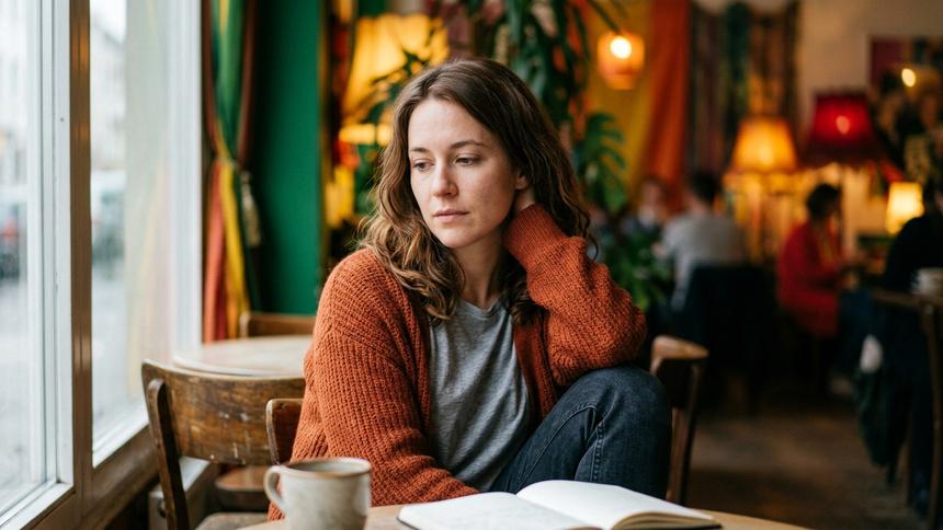 窓際のカフェで、寂しげな表情で遠くを見つめる女性。本とコーヒーが置かれたテーブル。