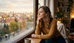 窓辺で物思いにふける女性が、雨粒のついた窓越しに夕暮れの街を眺めている。