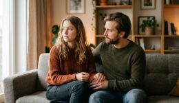ソファに座るカップル。女性は遠くを見つめ、男性は手を取り見守る。