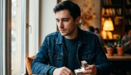 窓際のカフェで指輪の箱を手に持ち、物憂げな表情の男性。