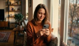窓辺でくつろぎながらスマートフォンを操作する女性。