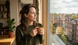 窓辺でコーヒーを飲みながら街並みを眺める女性。