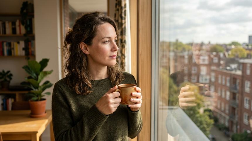 窓辺でコーヒーを飲みながら街並みを眺める女性。