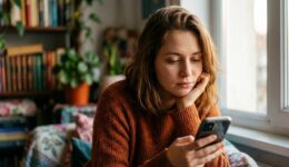 本棚のある室内でスマートフォンを見つめ、物思いにふける女性。