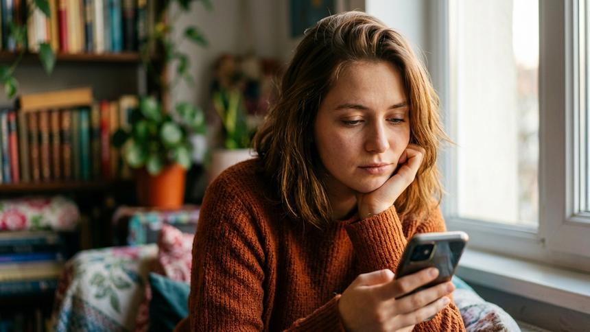 本棚のある室内でスマートフォンを見つめ、物思いにふける女性。
