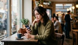カフェの窓際でスマートフォンを見る女性。