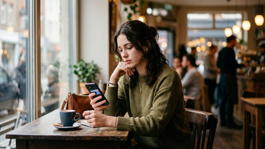 カフェの窓際でスマートフォンを見る女性。