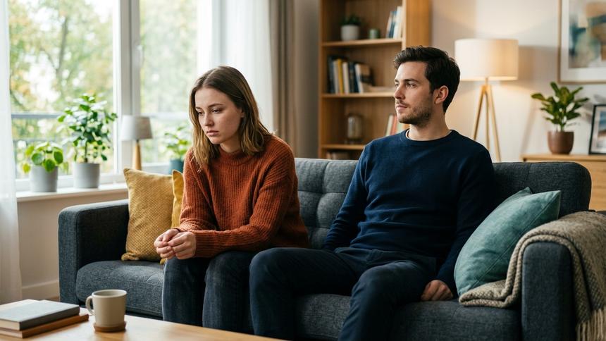 ソファで向き合わない男女。夫婦の不和や関係の悩みを示す。