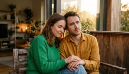 物思いにふける男性に寄り添い、優しく手を取る女性。