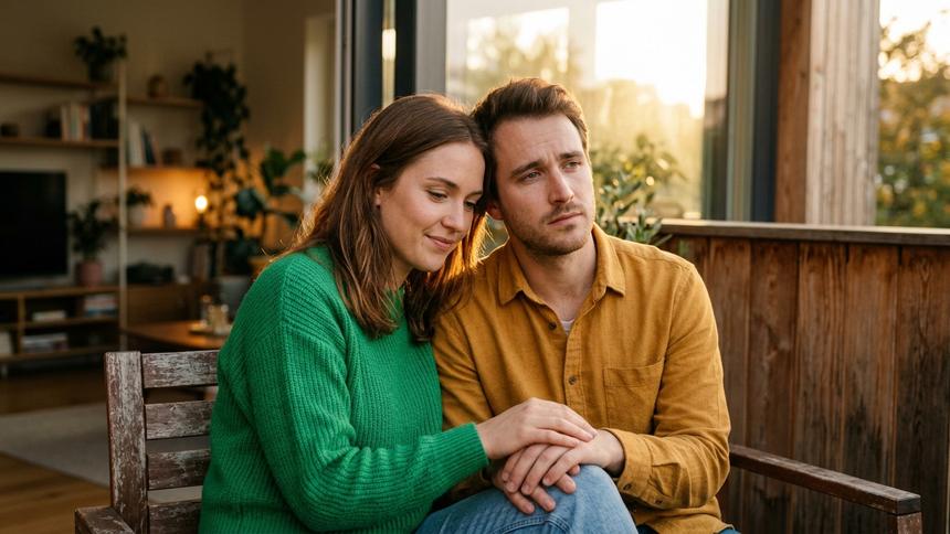 物思いにふける男性に寄り添い、優しく手を取る女性。