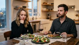 食卓で無言の男女。悲しげな女性と横を向く男性。気まずい夕食風景。