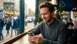 窓際の席でスマートフォンを操作し、笑顔を見せる男性。