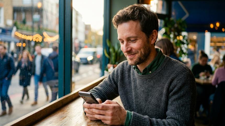 窓際の席でスマートフォンを操作し、笑顔を見せる男性。