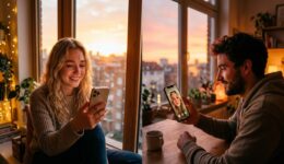 夕暮れ時、笑顔でスマホ越しにビデオ通話する男女。