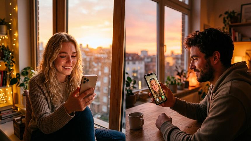 夕暮れ時、笑顔でスマホ越しにビデオ通話する男女。