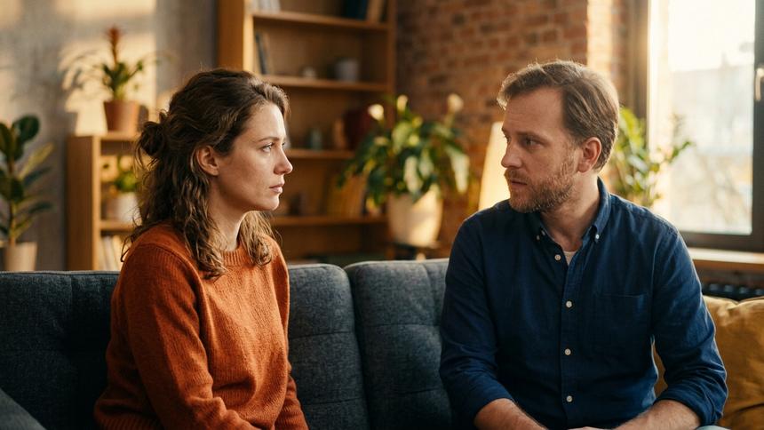 ソファで向き合う男女が、深刻な面持ちで考え込んでいる。