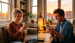 夕日の差し込む自宅で、スマホを笑顔で操作しオンライン交流する男女。