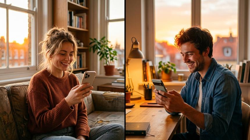夕日の差し込む自宅で、スマホを笑顔で操作しオンライン交流する男女。