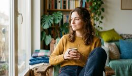 窓の外を眺め、マグカップを手にくつろぐ女性。