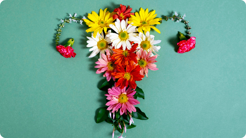 緑の背景に子宮を鮮やかな生花で模した写真