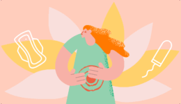 生理の腹痛のためお腹を抑え苦しむ女性のイラスト