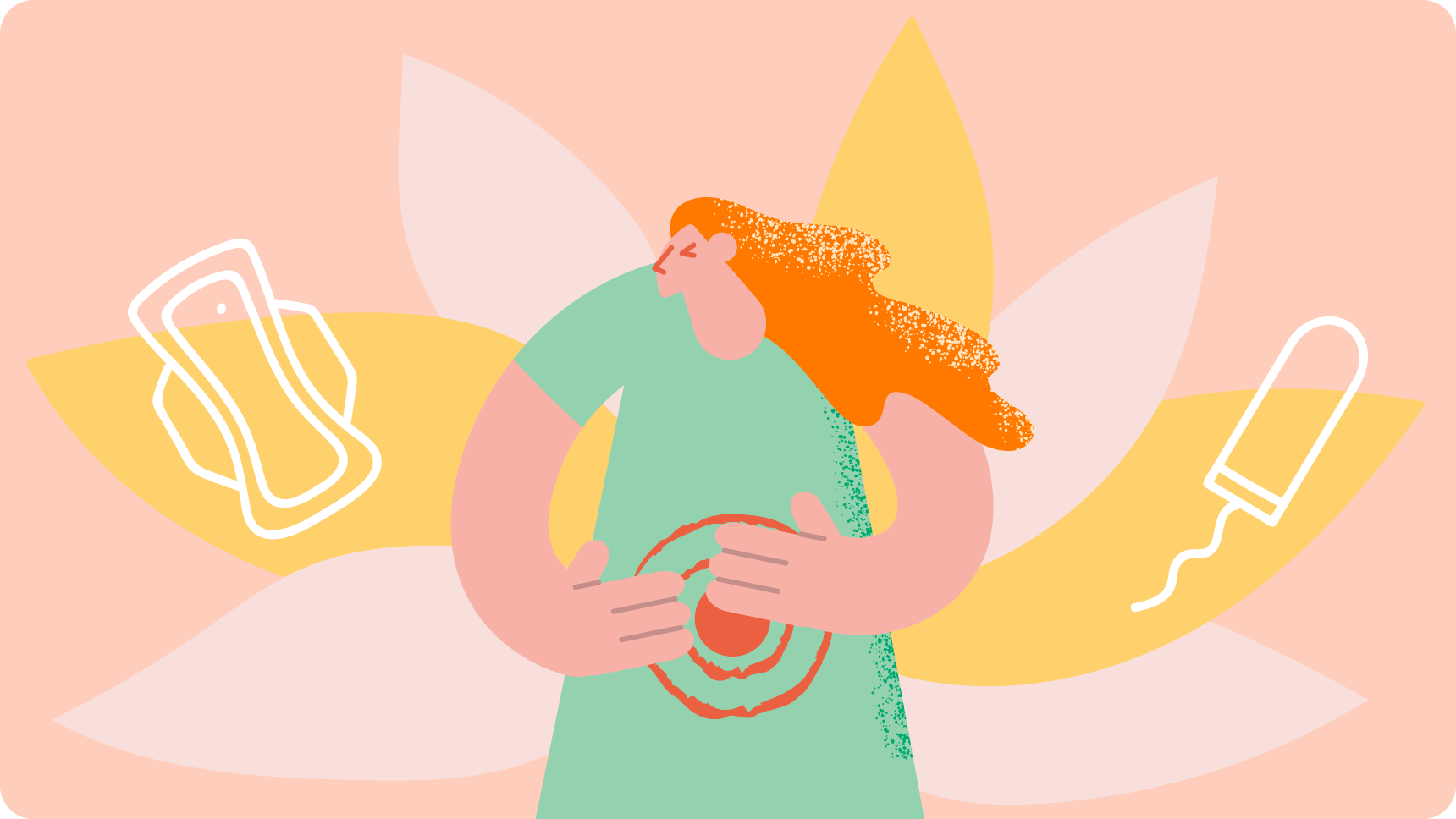 生理の腹痛のためお腹を抑え苦しむ女性のイラスト