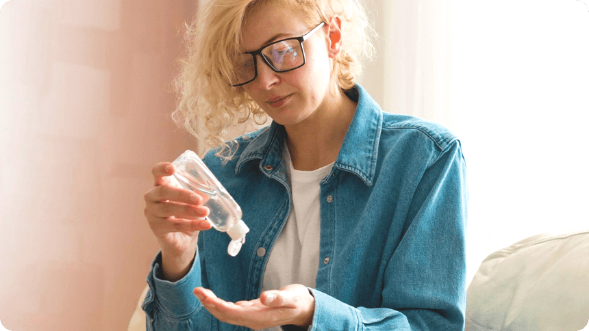 ブロンドの髪でスクエアの眼鏡をかけている女性が、手にジェルを取ろうとしている様子