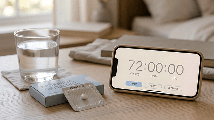 卓上に置かれたアフターピルと72時間にットされたタイマーが