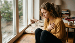 恋愛に悩み窓際で胸を押さえる女性の様子