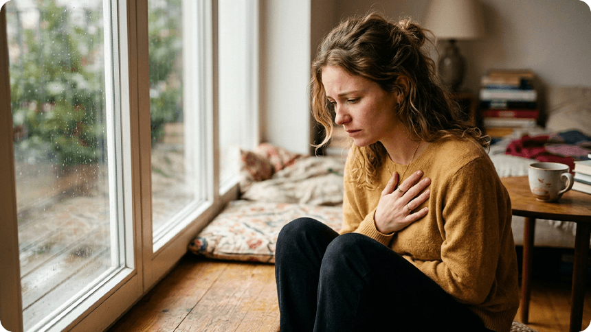 恋愛に悩み窓際で胸を押さえる女性の様子
