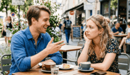 カフェで話し続ける男性と退屈そうな女性の対比