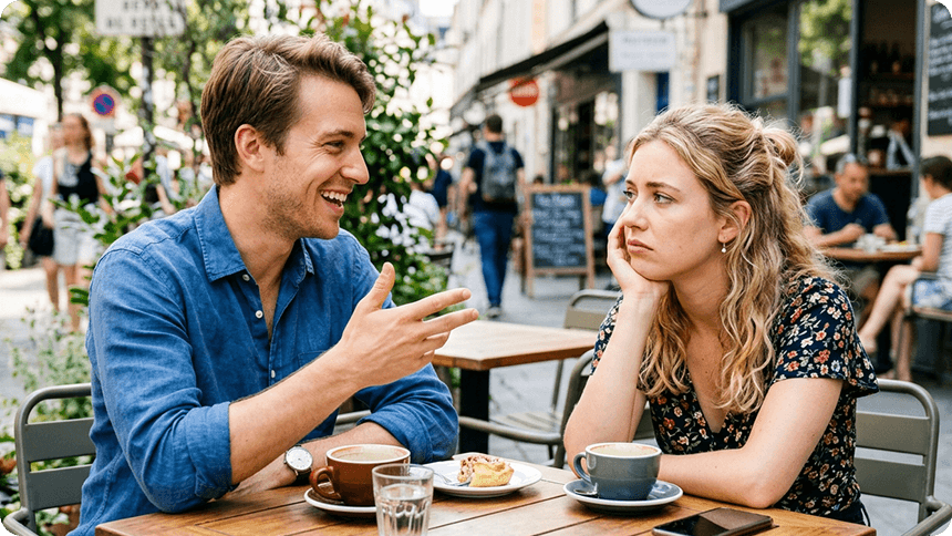 カフェで話し続ける男性と退屈そうな女性の対比