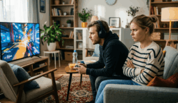 ゲームをする男性と不満そうな女性