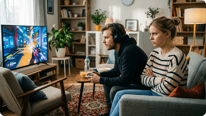 ゲームをする男性と不満そうな女性