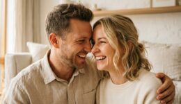 明るい部屋で笑顔で見つめ合い、寄り添う大人の男女（自立した寄りかかる恋愛のイメージ）