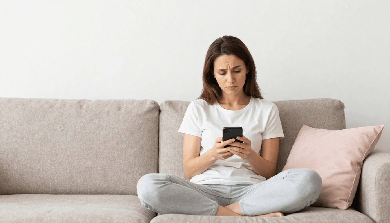 、疲れた様子で物思いにふけりながらスマートフォンを眺める女性