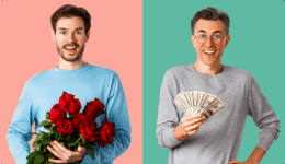 左右で色分けされた背景の前で、左は赤いバラの花束を持つ男性、右は現金を手にした男性の写真