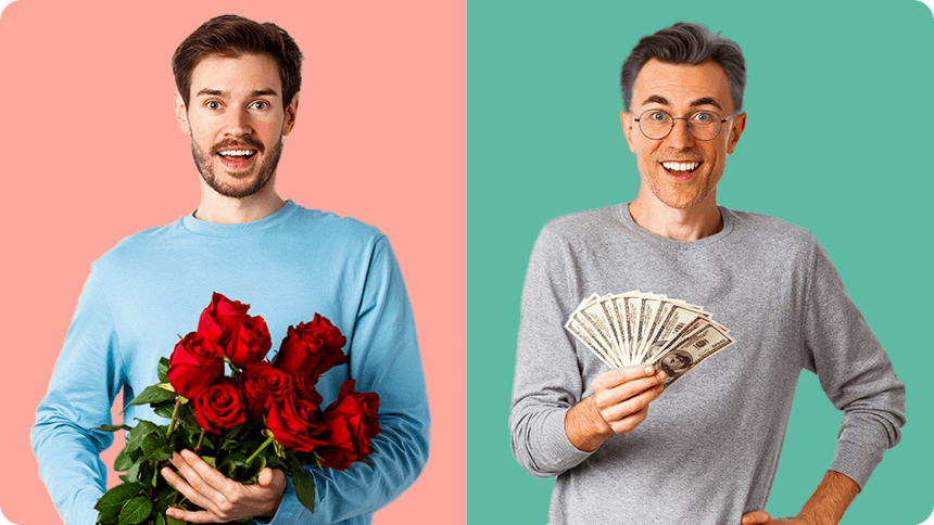 左右で色分けされた背景の前で、左は赤いバラの花束を持つ男性、右は現金を手にした男性の写真