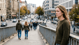 遠くにいるカップルを見て悲しそうな表情の女性