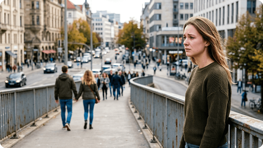 遠くにいるカップルを見て悲しそうな表情の女性