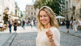 街中でウインクしながら指で1を作る笑顔の若い女性の様子