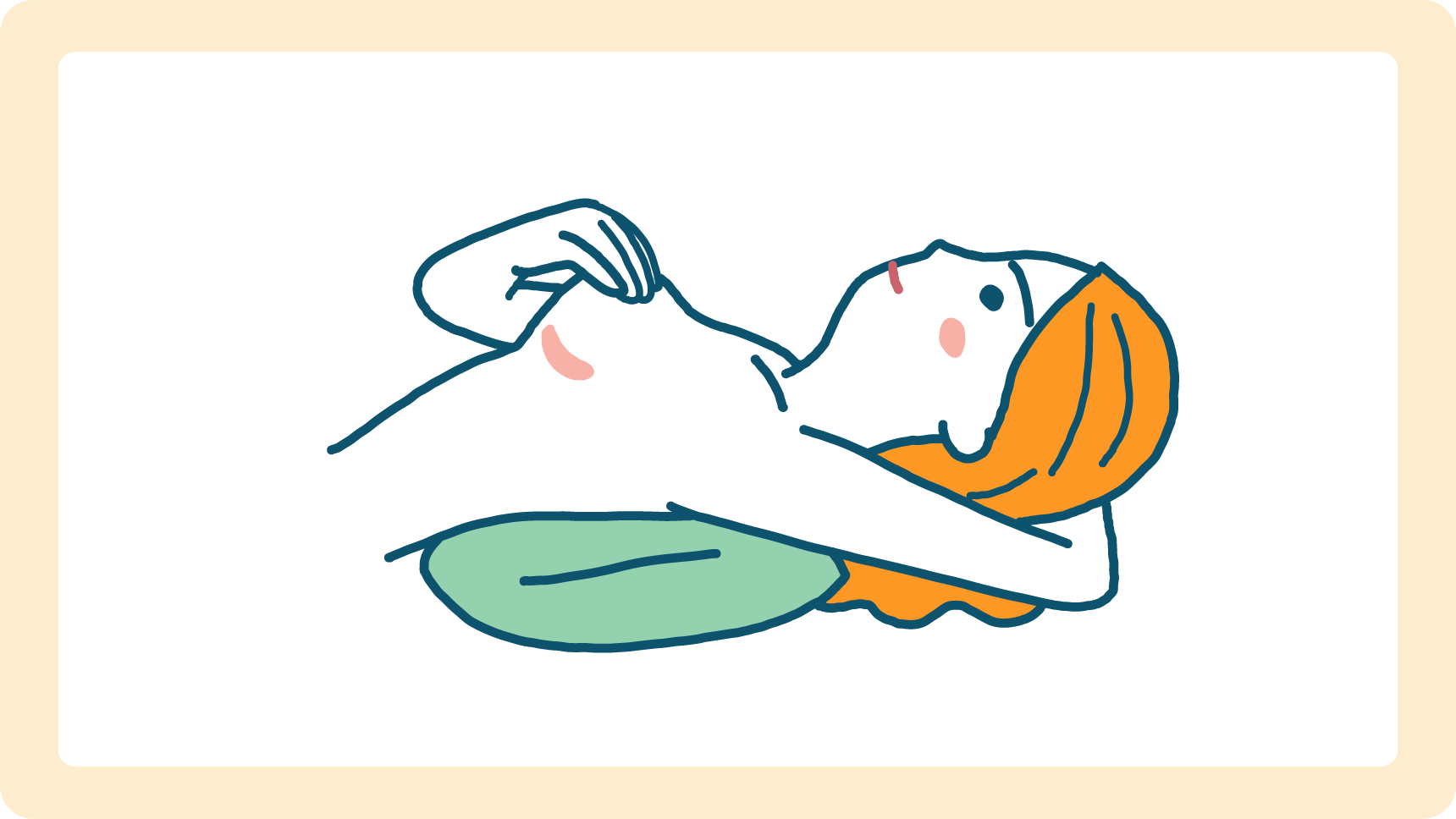 仰向けで背中に低めの枕を入れ、乳房を平らな状態にして乳房にしこりがないか確かめる女性のイラスト