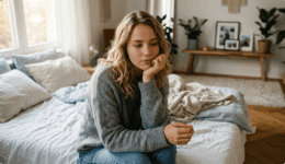 ベッドサイドで悩む女性