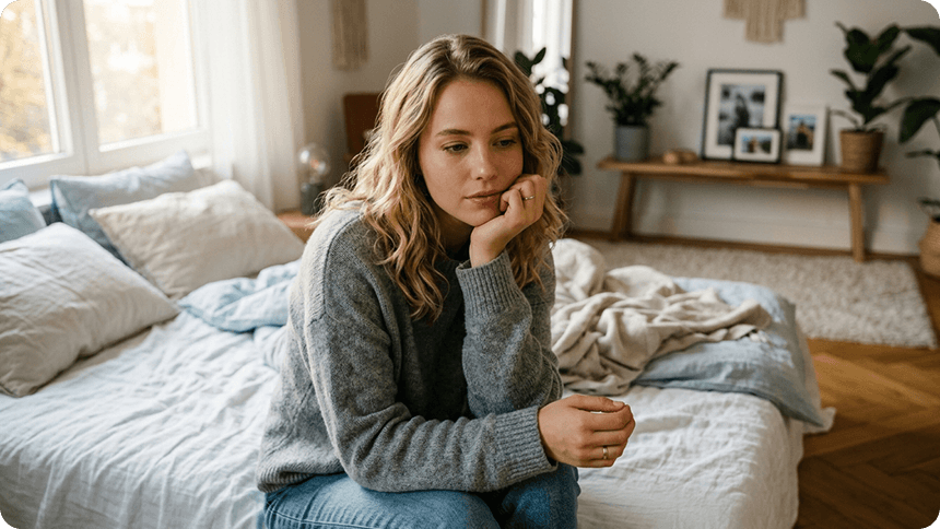 ベッドサイドで悩む女性