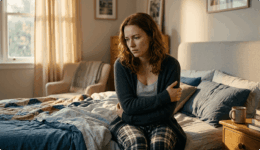 ベッドサイドに座り自身を抱きしめて悩む女性