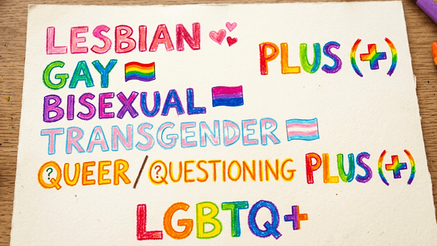 LGBTQ+の頭文字の意味とはフラッグのデザインが書かれた手書きの画用紙